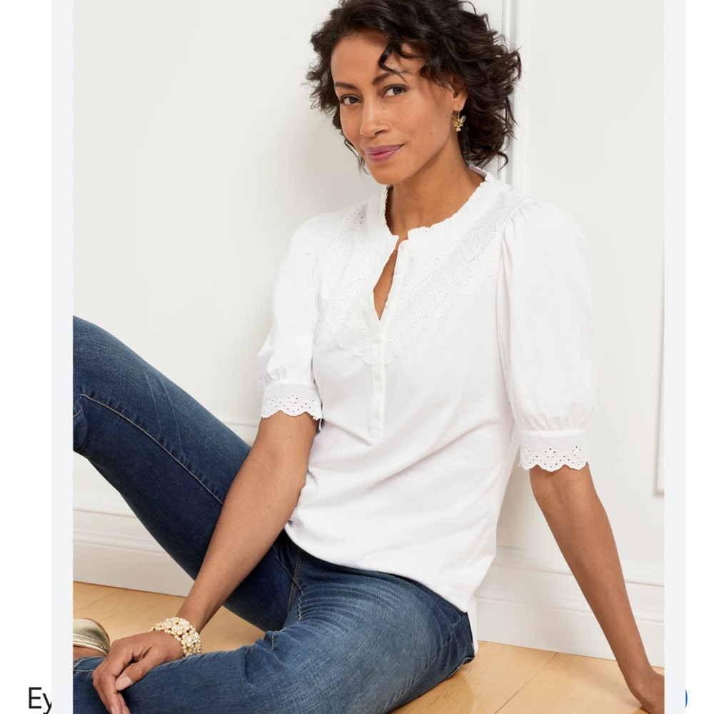 Talbots White Eyelet Lace Yoke Women's Top Size Medium